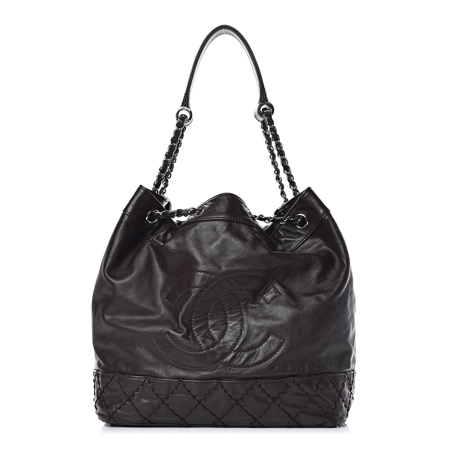 Calfskin Drawstring CC Bucket Bag Dark Brown