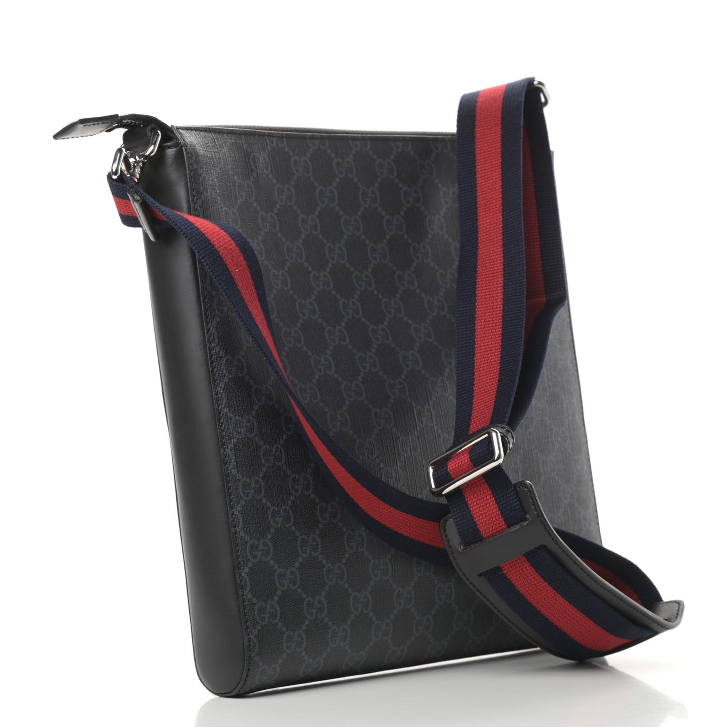 GG Supreme Monogram Appia Calfskin Web Flat Messenger Bag Black Grey