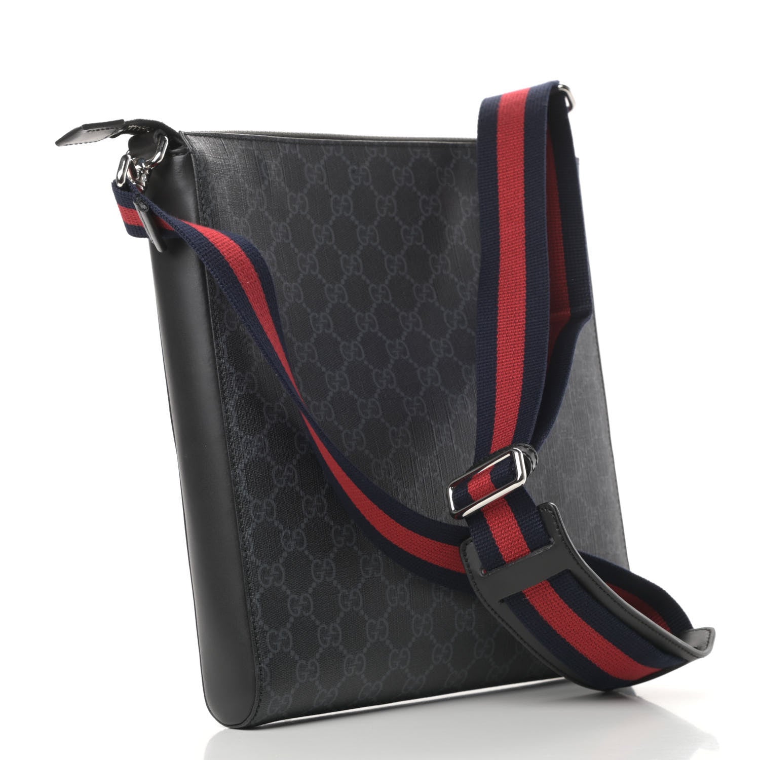 Gucci GG Supreme Monogram Appia Calfskin Web Flat Messenger Bag Black Grey 3 of 12