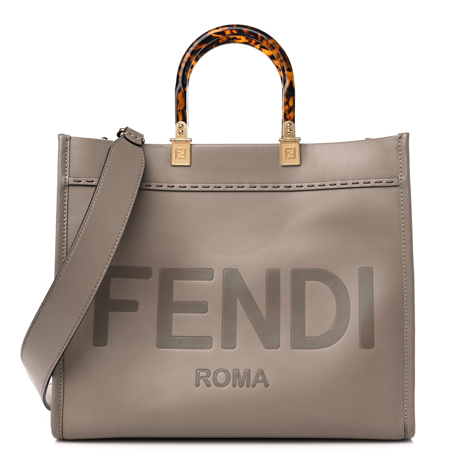 Fendi Vitello King Plexiglass Logo Embossed Medium Fendi Sunshine Shopper Tote Tortora 1 of 16