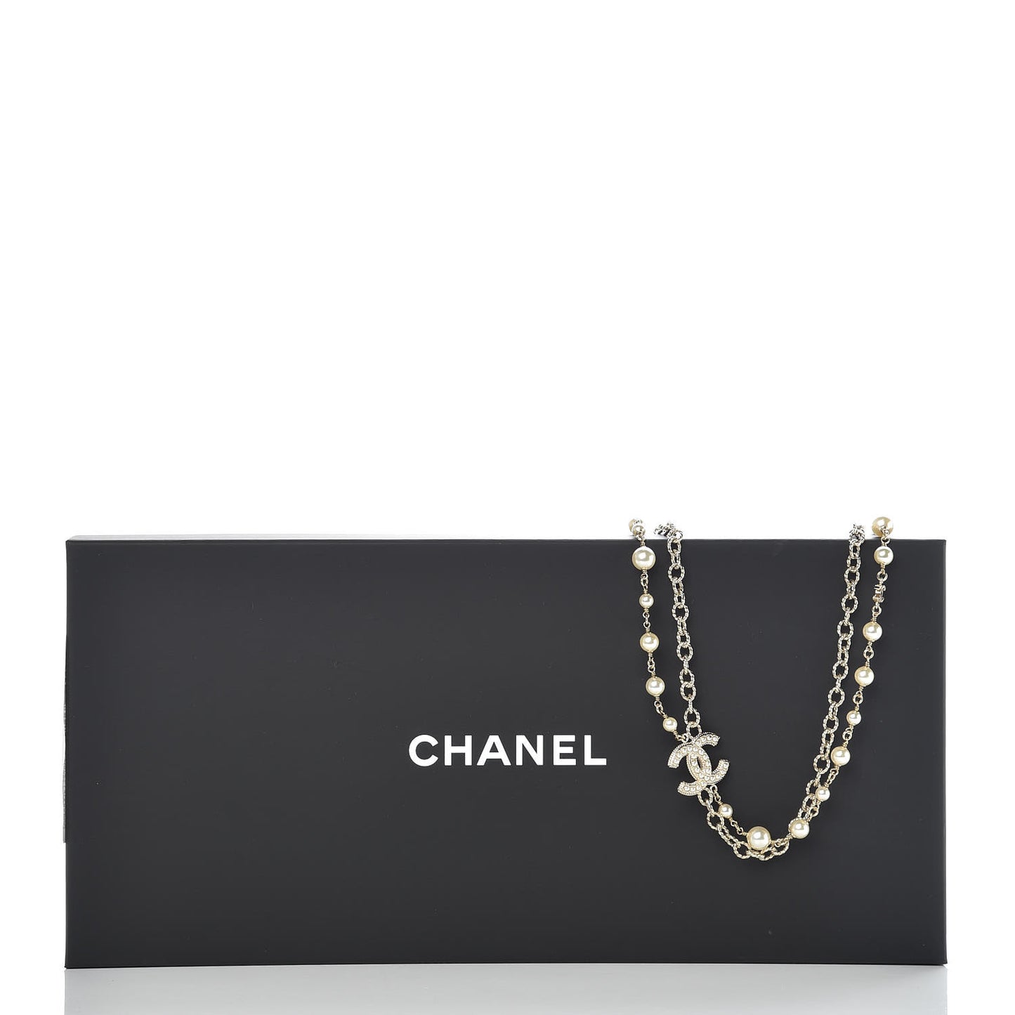 Graduated Pearl Double Chain CC Long Necklace Golden Pearly White