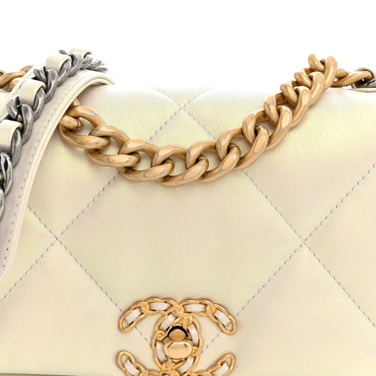 Iridescent Calfskin Quilted Medium Chanel 19 Flap  White