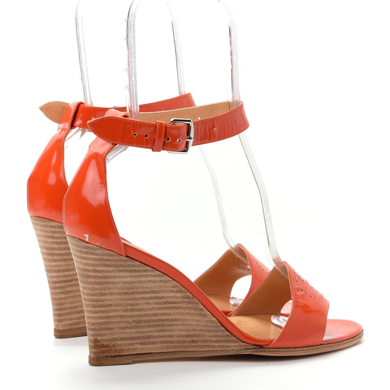 Hermes Patent Calfskin Perforated H Ankle Strap Wedge Sandals 39 Orange 4 of 11