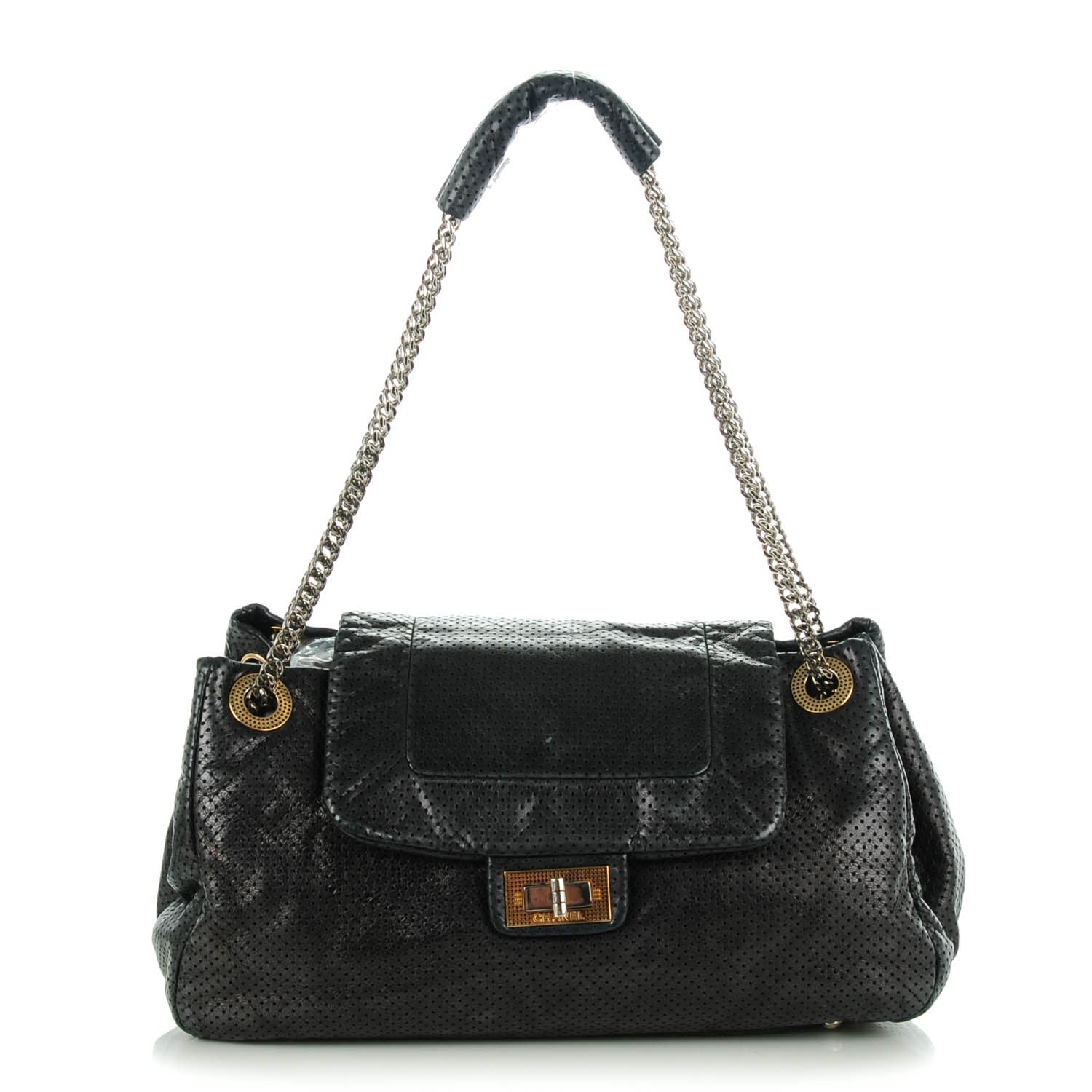 Chanel Metallic Calfskin Perforated Large Drill Accordion Flap Black 1 of 7
