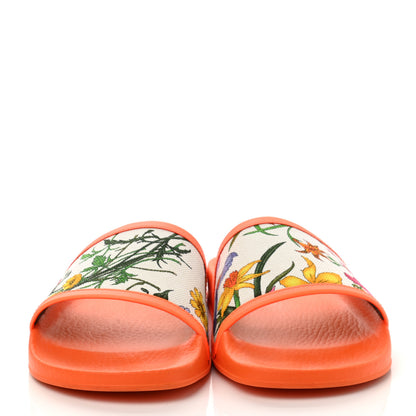 Gucci Canvas Flora Print Slide Sandals 40 Fluorescent Orange 2 of 7
