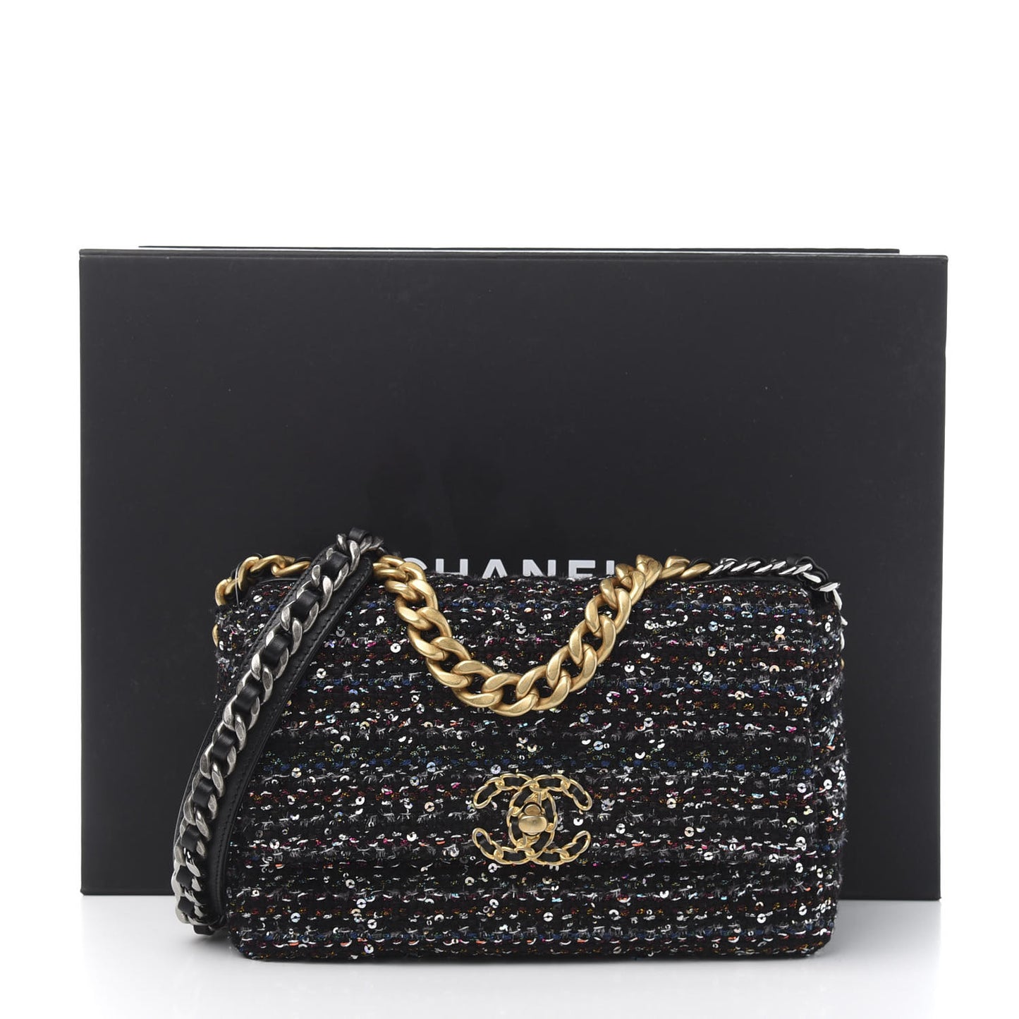 Tweed Sequin Quilted Medium 19 Flap Black Multicolor