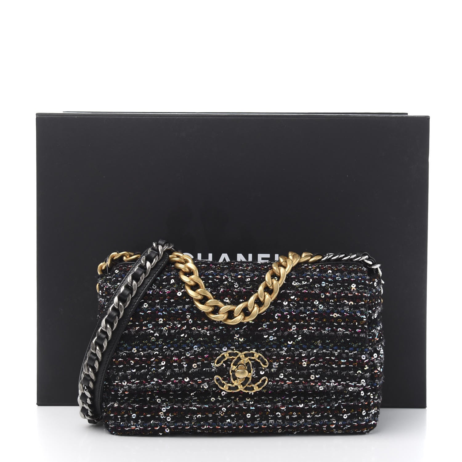 Chanel Tweed Sequin Quilted Medium 19 Flap Black Multicolor 11 of 11