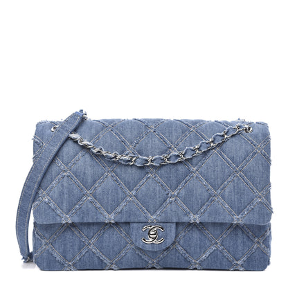 Chanel Frayed Denim Quilted Large Blue Chip Flap Blue 1 of 11