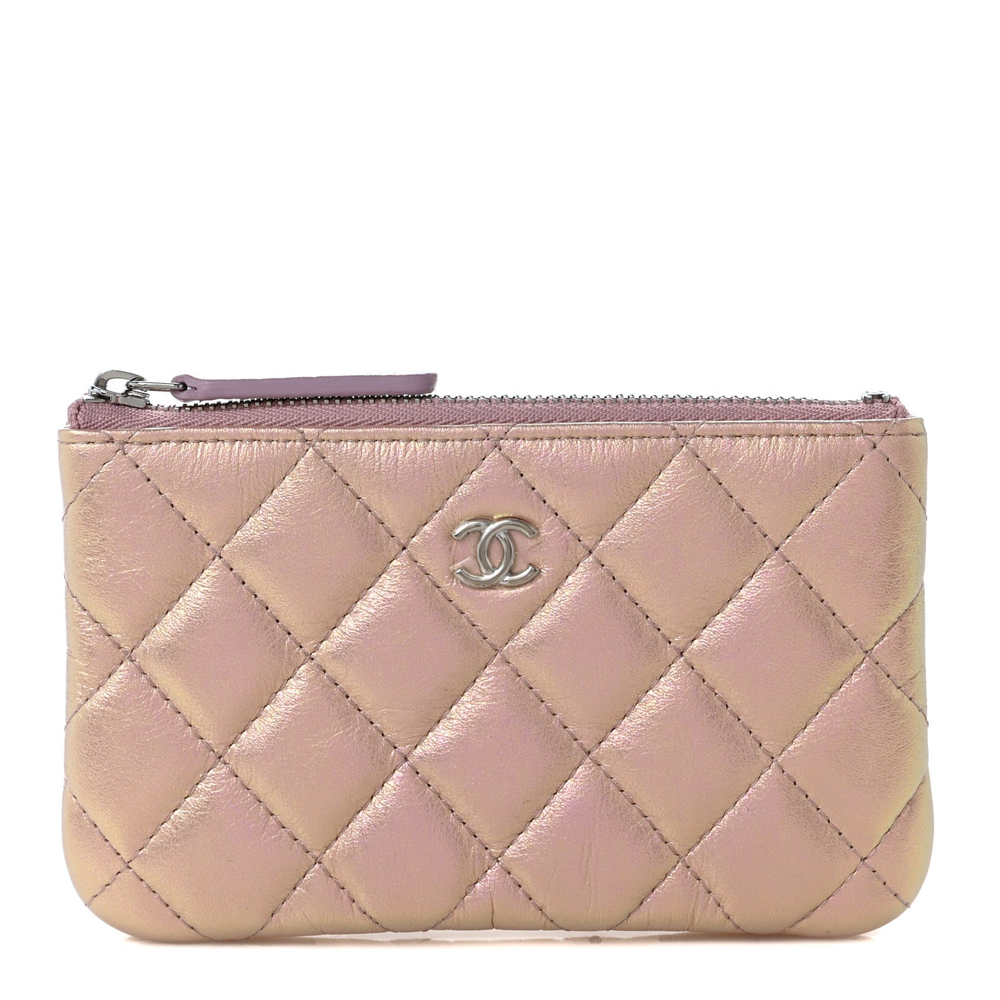 Iridescent Calfskin Quilted Small Cosmetic Case Pink
