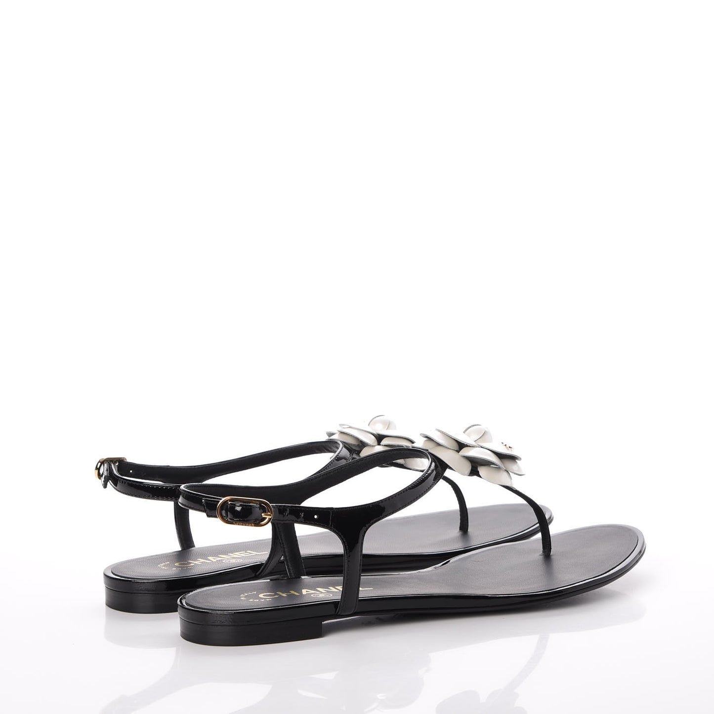 Patent Calfskin Camellia Thong Sandals 40 Black White
