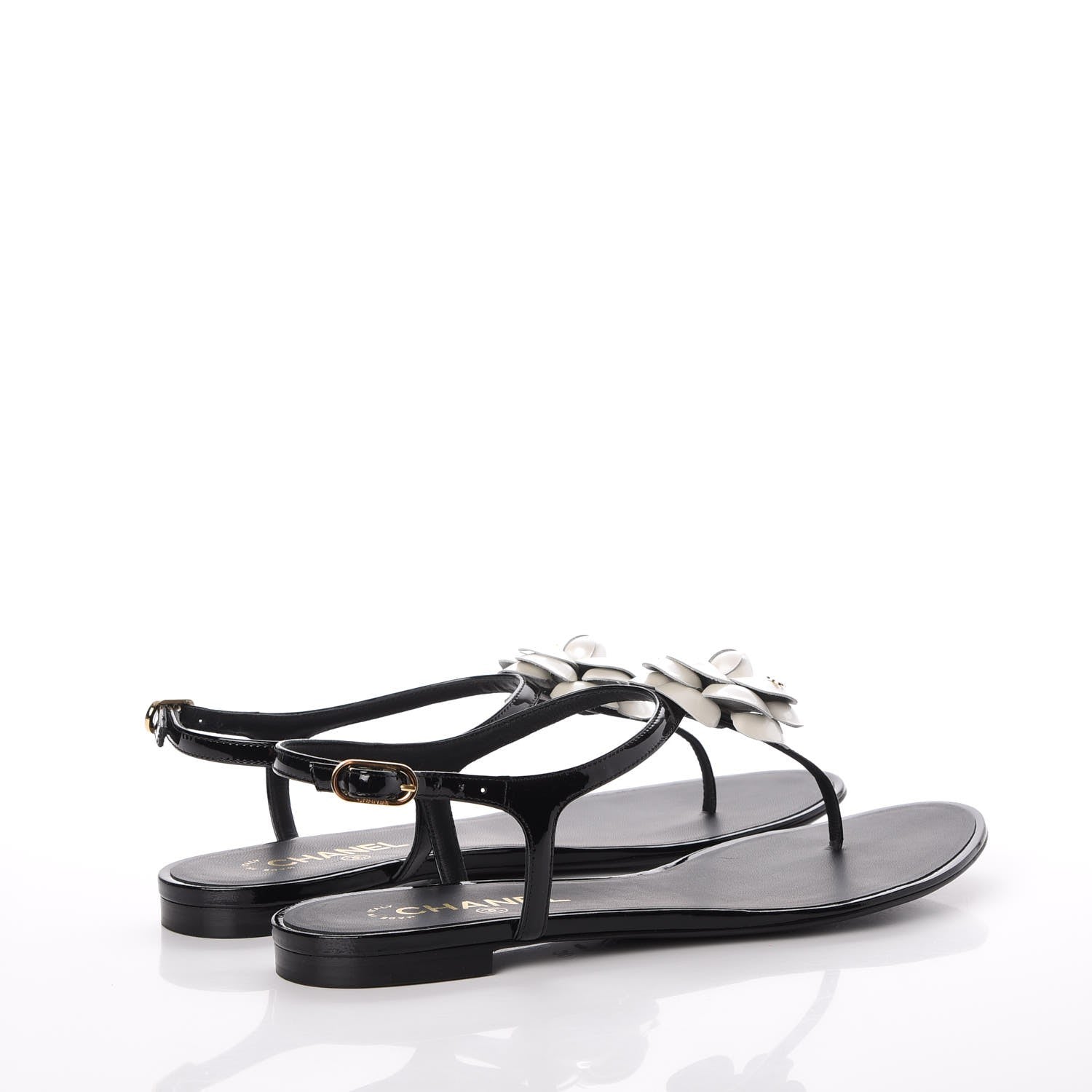 Chanel Patent Calfskin Camellia Thong Sandals 40 Black White 4 of 14