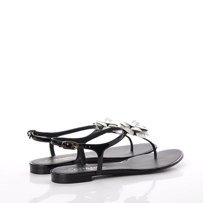 Chanel Patent Calfskin Camellia Thong Sandals 40 Black White 4 of 14