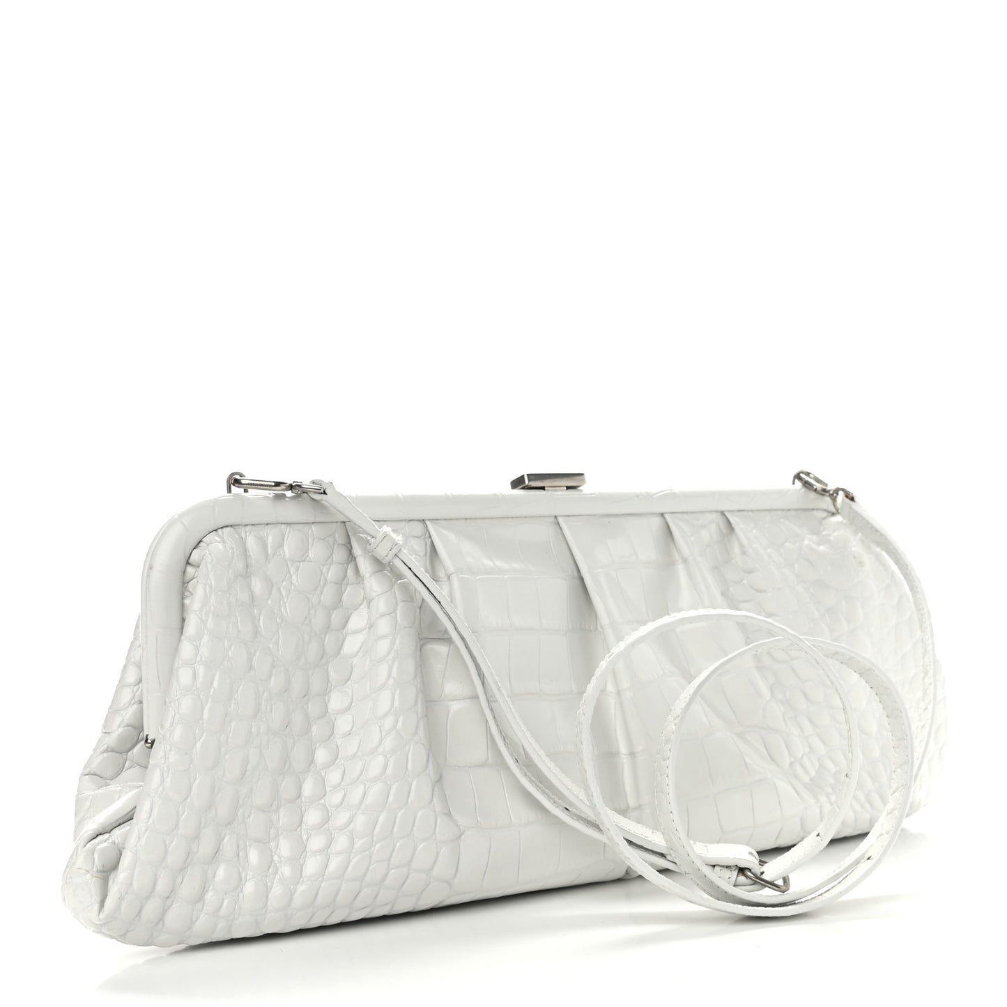 Shiny Supple Calfskin Logo Crocodile Embossed XL Cloud Clutch White