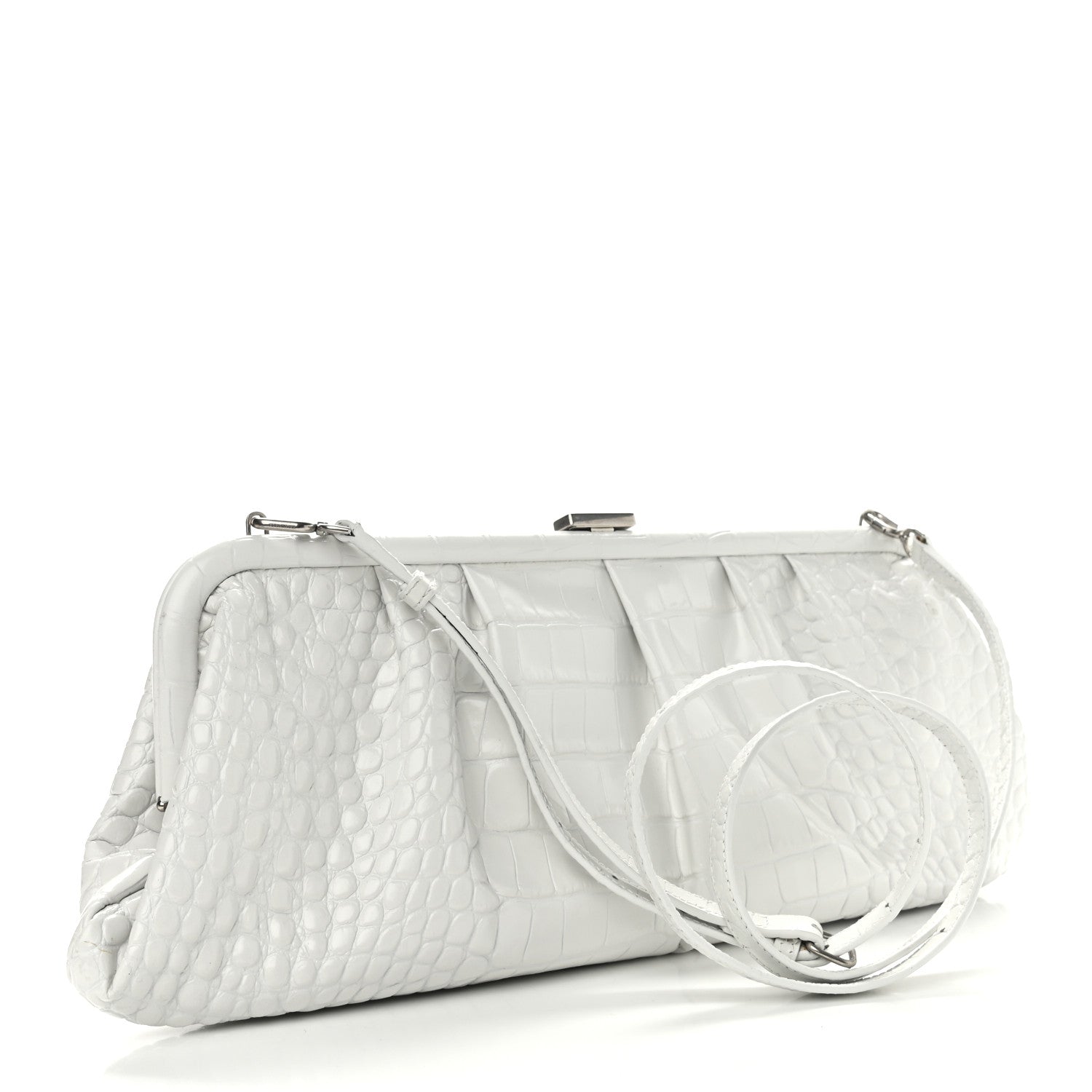 Balenciaga Shiny Supple Calfskin Logo Crocodile Embossed XL Cloud Clutch White 3 of 12