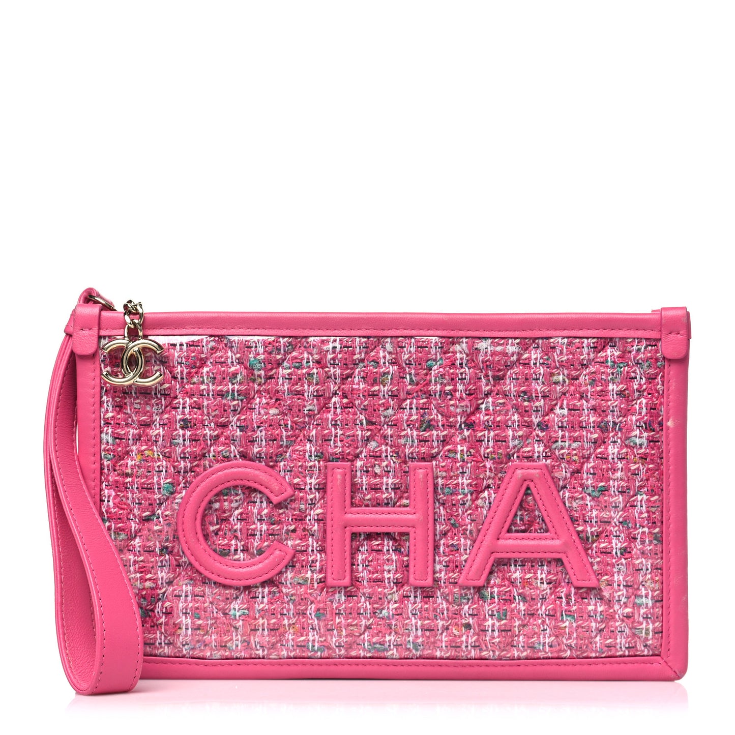 Tweed PVC Lambskin Wristlet Pouch Pink