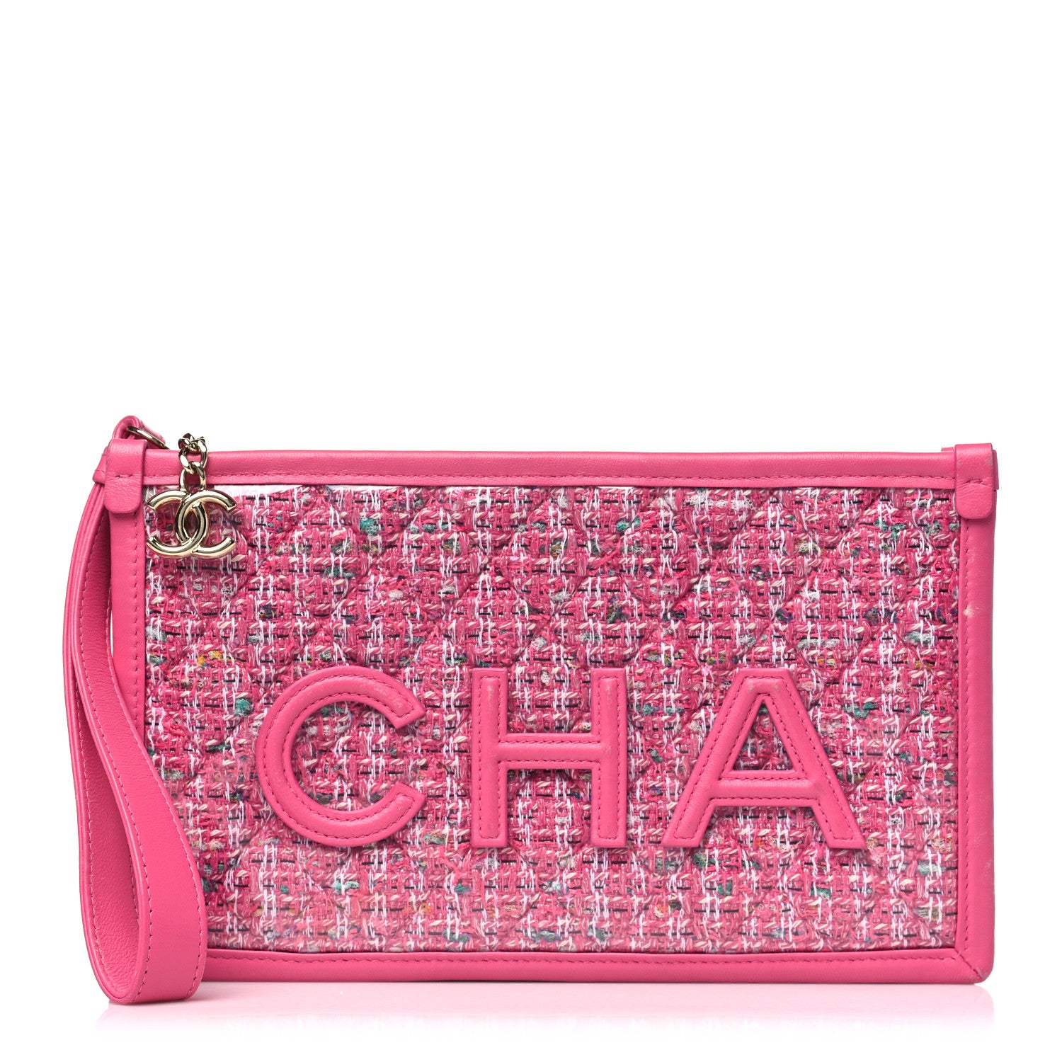 Chanel Tweed PVC Lambskin Wristlet Pouch Pink 1 of 15