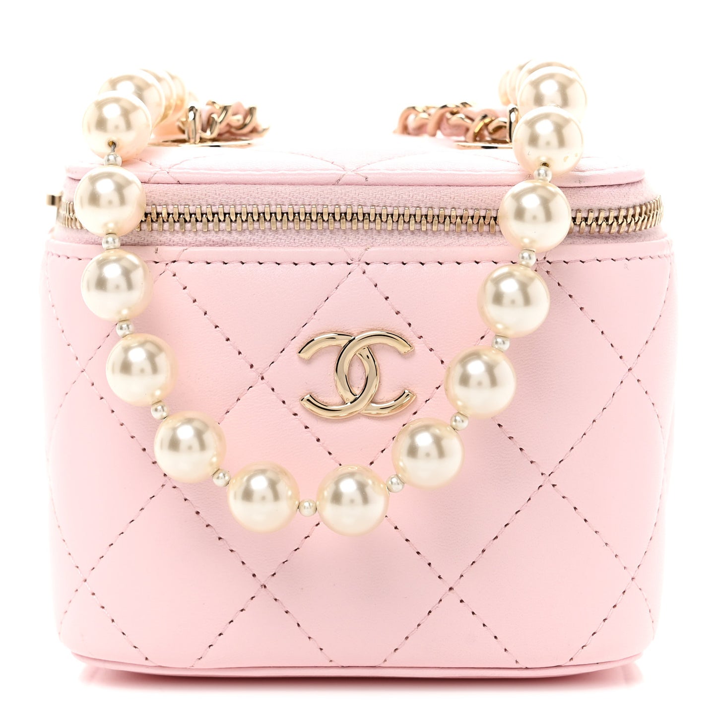 Lambskin Quilted Mini Vanity Case With Pearl Chain  Light Pink