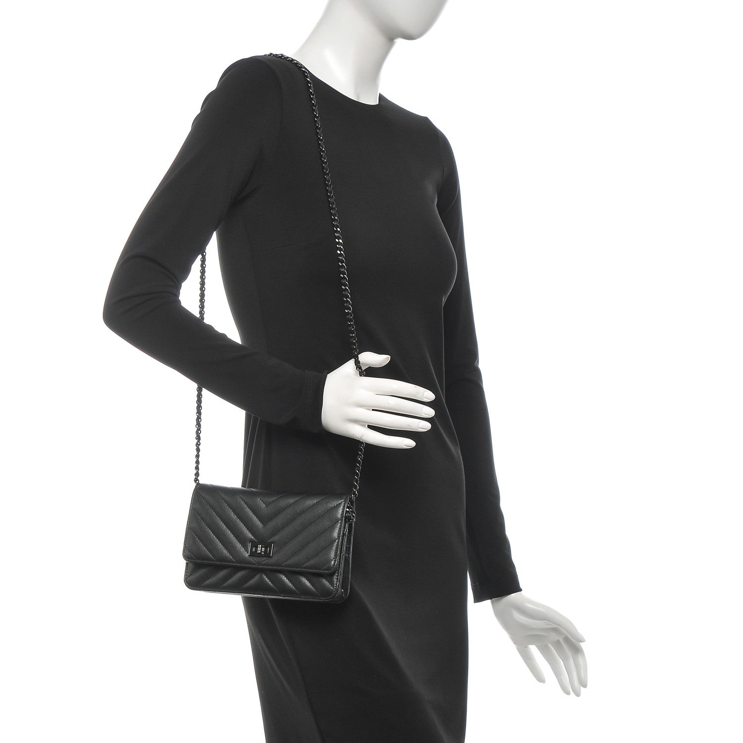 Chanel Sheepskin Chevron Reissue Wallet On Chain WOC So Black 2 of 9