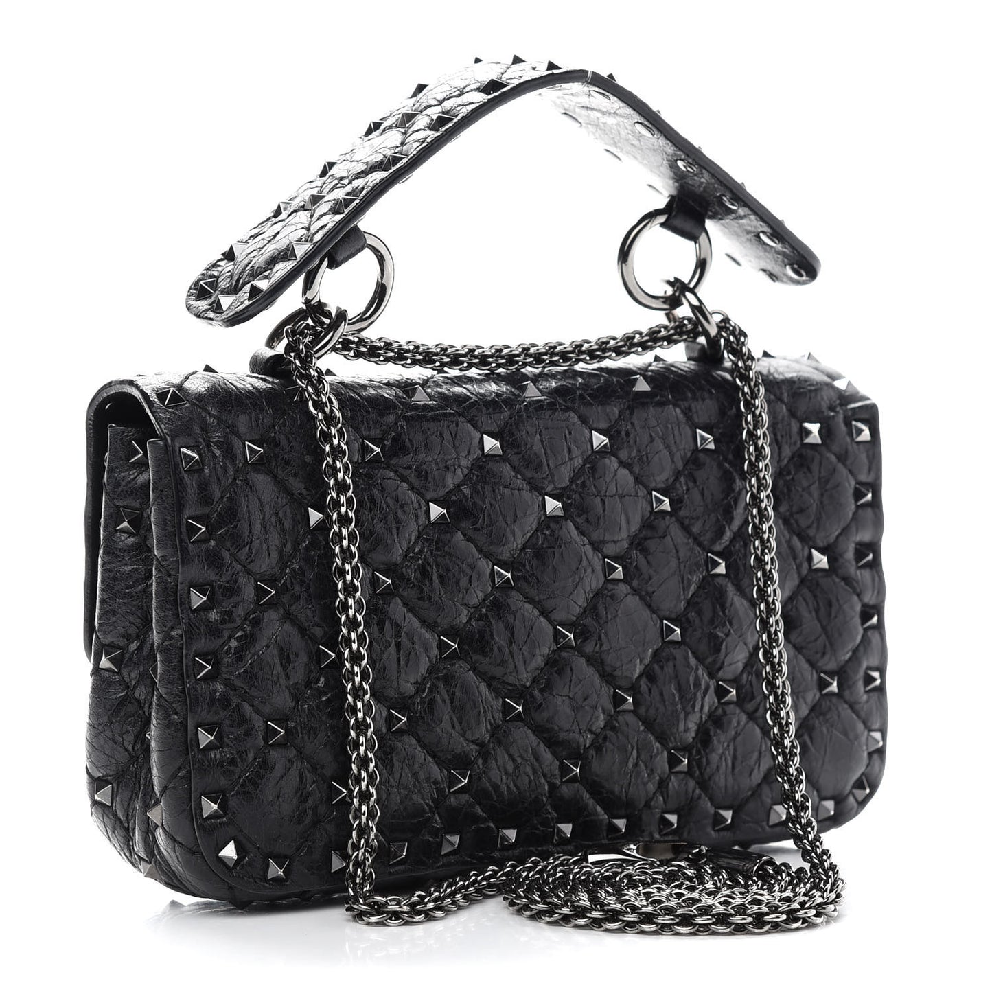 Craquele Nappa Small Rockstud Spike Shoulder Bag Black