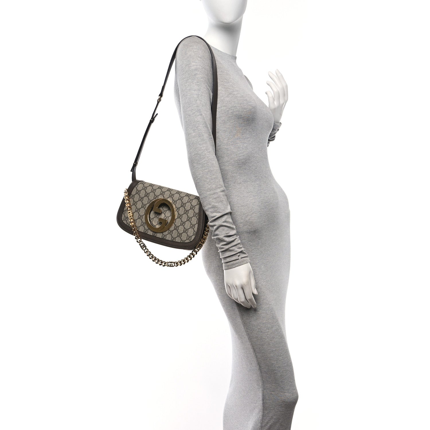 Gucci GG Supreme Monogram Textured Dollar Calfskin Blondie Chain Shoulder Flap Bag Beige Ebony New Acero 2 of 14