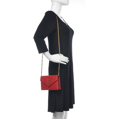 Saint Laurent Grain De Poudre Matelasse Chevron Monogram Envelope Chain Wallet New Red 2 of 11
