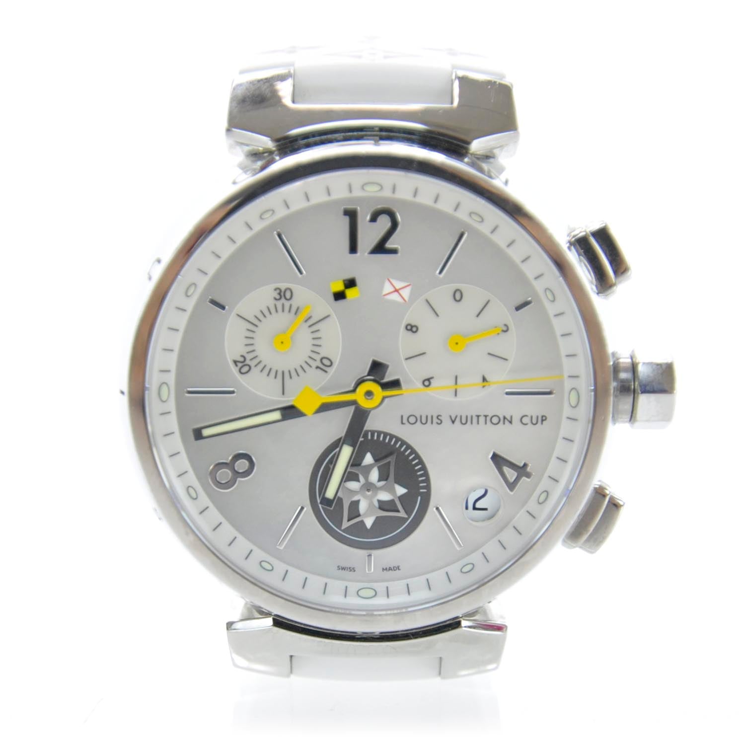 Louis Vuitton Stainless Steel Rubber Mother of Pearl 28mm Tambour Lovely Cup Quartz Watch 1 of 7