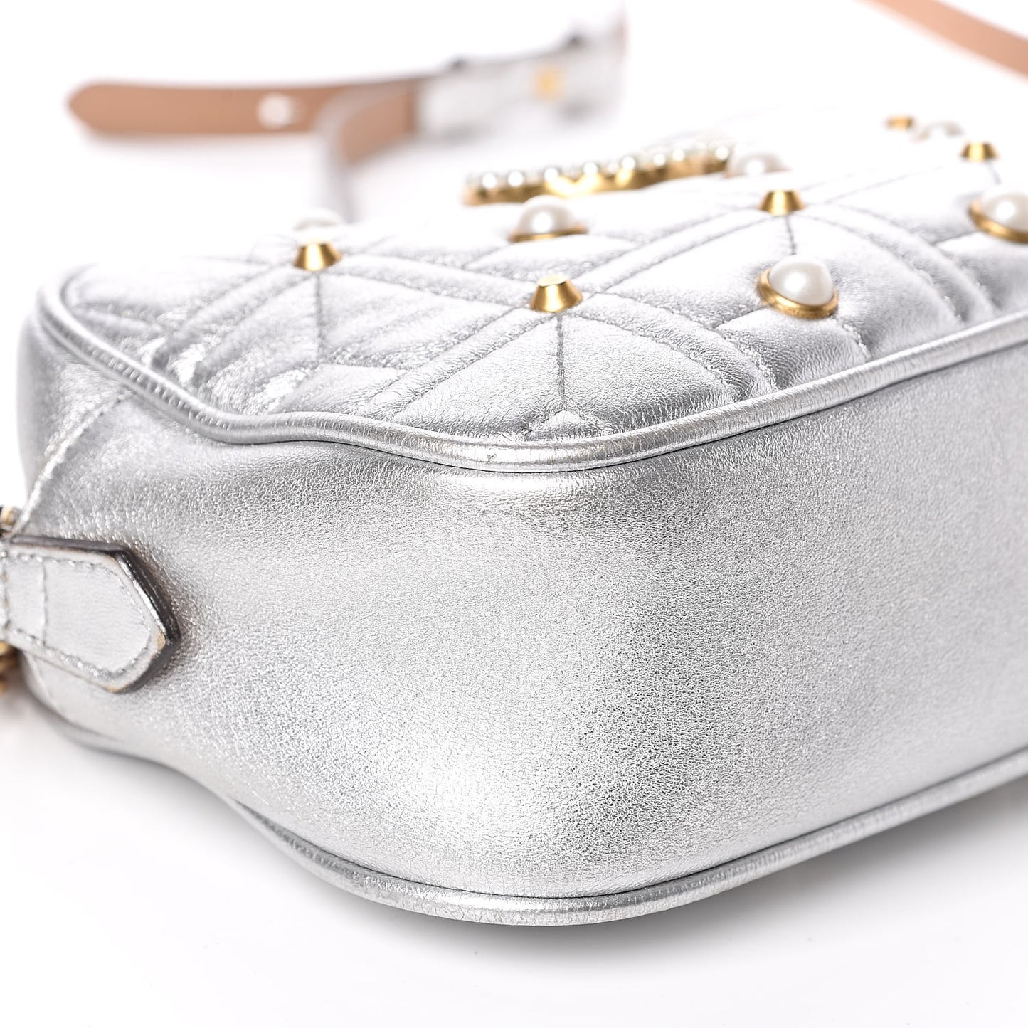 Metallic Calfskin Matelasse Studded Small Pearly GG Marmont Chain Shoulder Bag Silver