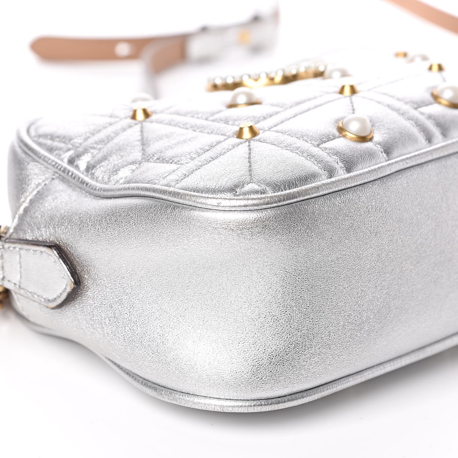 Gucci Metallic Calfskin Matelasse Studded Small Pearly GG Marmont Chain Shoulder Bag Silver 9 of 18