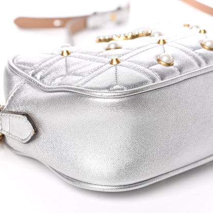Gucci Metallic Calfskin Matelasse Studded Small Pearly GG Marmont Chain Shoulder Bag Silver 9 of 18