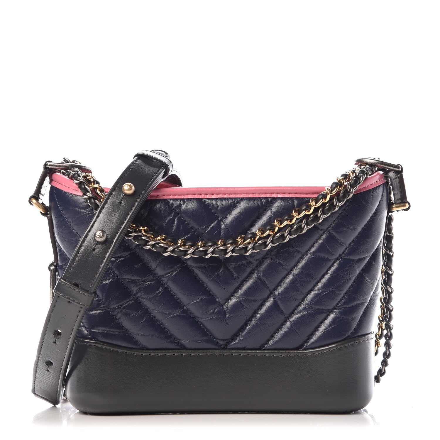Chanel Aged Calfskin Chevron Quilted Small Gabrielle Hobo Dark Pink Navy 1 of 9