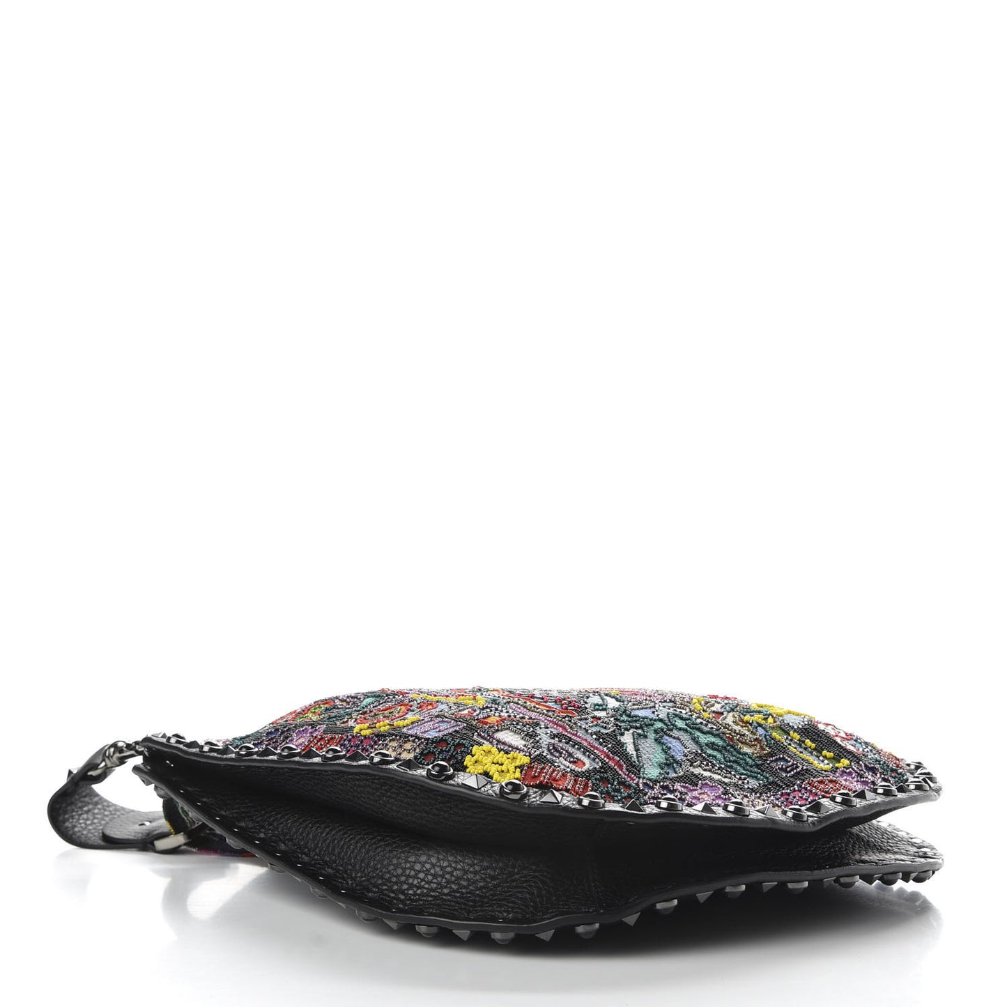 Calfskin Beaded Guitar Strap Rockstud Rolling Hobo Bag Black