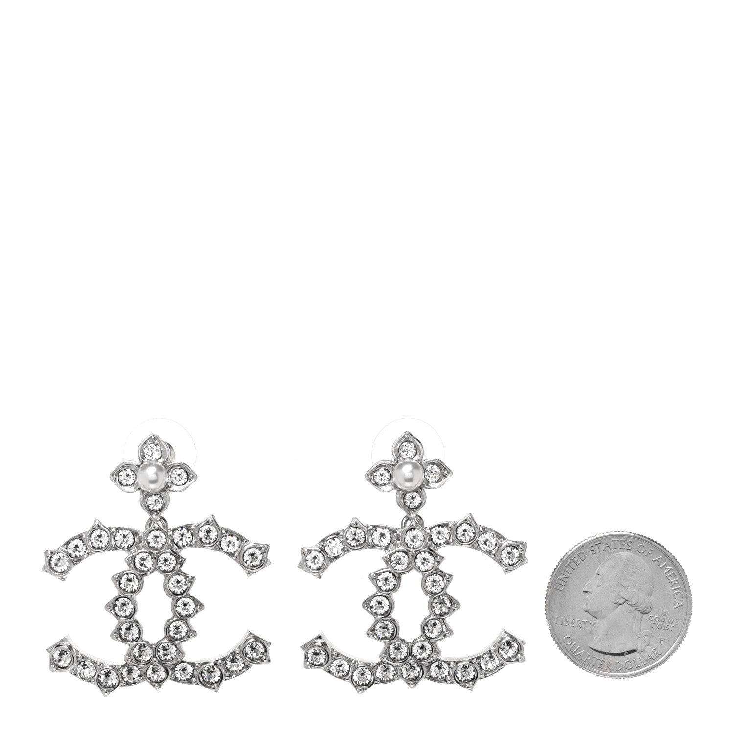 Chanel Metal Pearl Crystal CC Flower Drop Earrings Silver 2 of 5