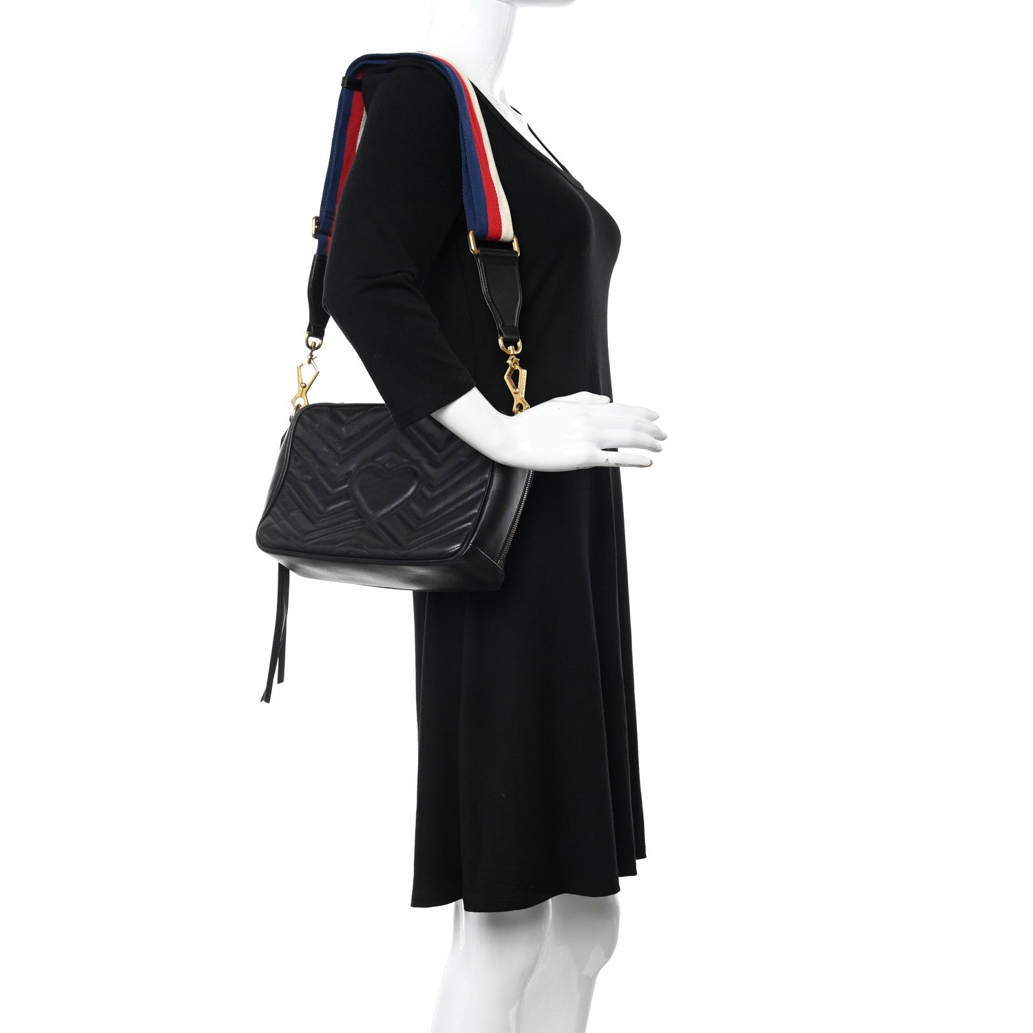 Gucci Calfskin Matelasse Sylvie Web Small GG Marmont Top Handle Shoulder Bag Black 2 of 10