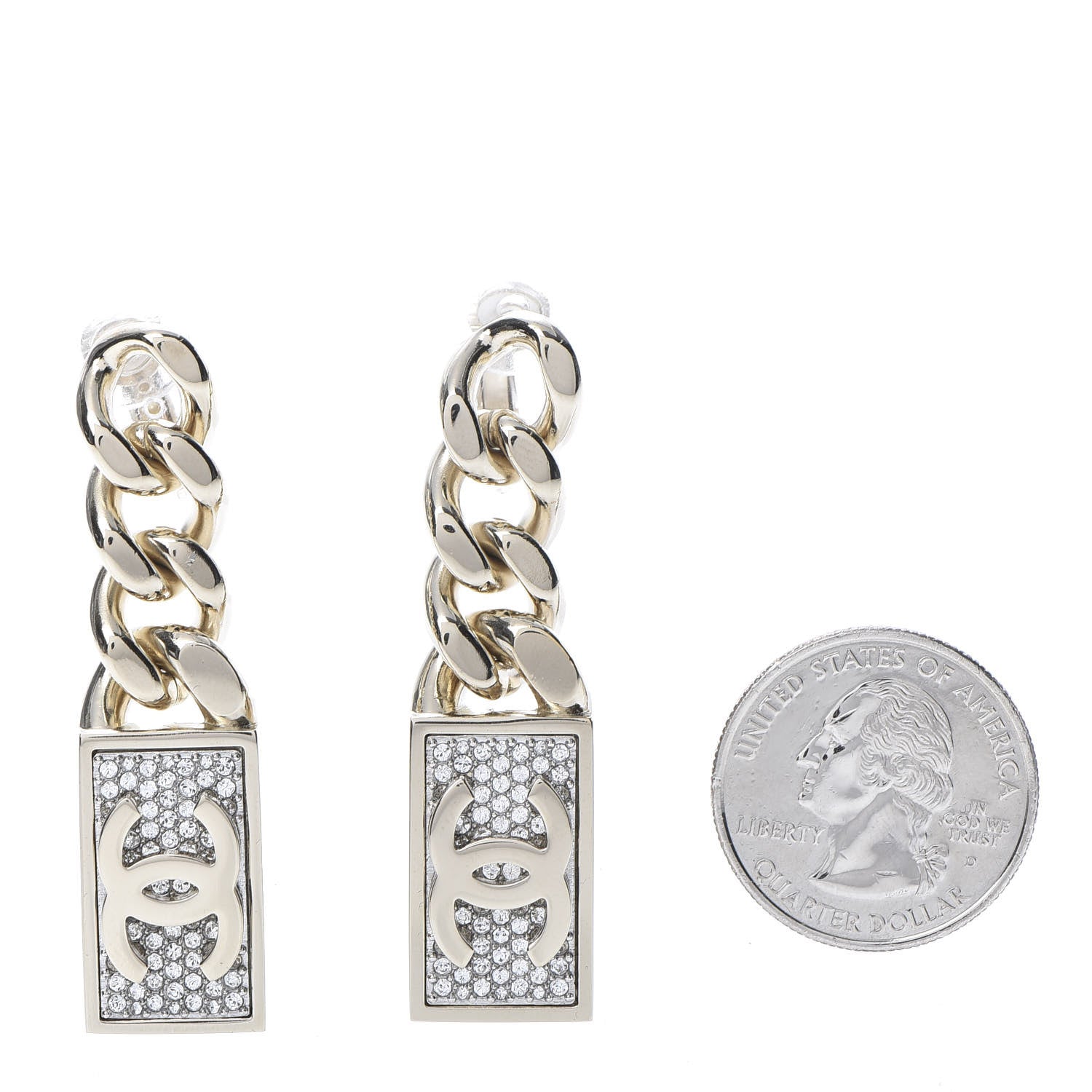 Chanel Crystal Dog Tag Charm Earrings Gold 2 of 5