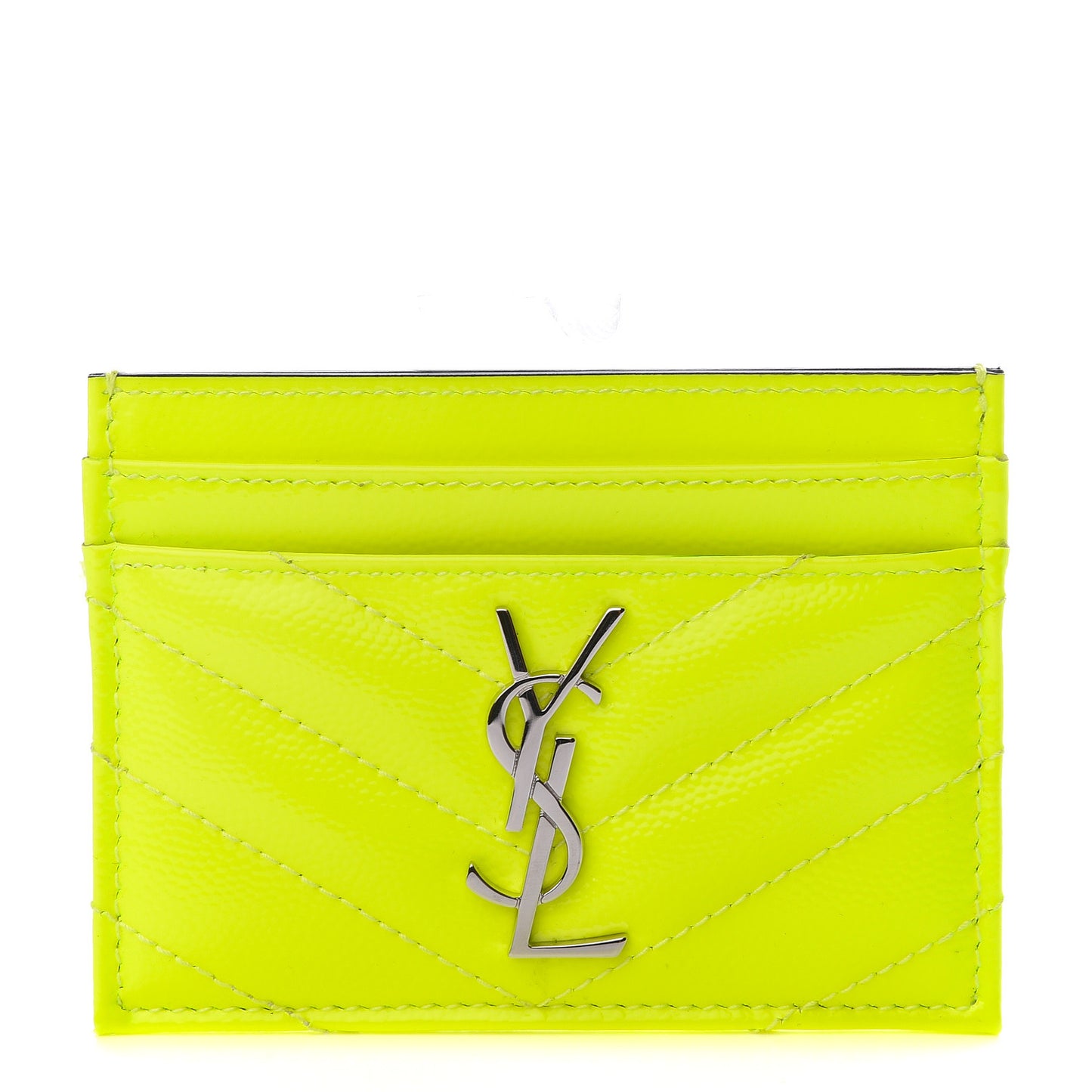 Patent Grain De Poudre Matelasse Chevron Monogram Credit Card Case Neon Yellow