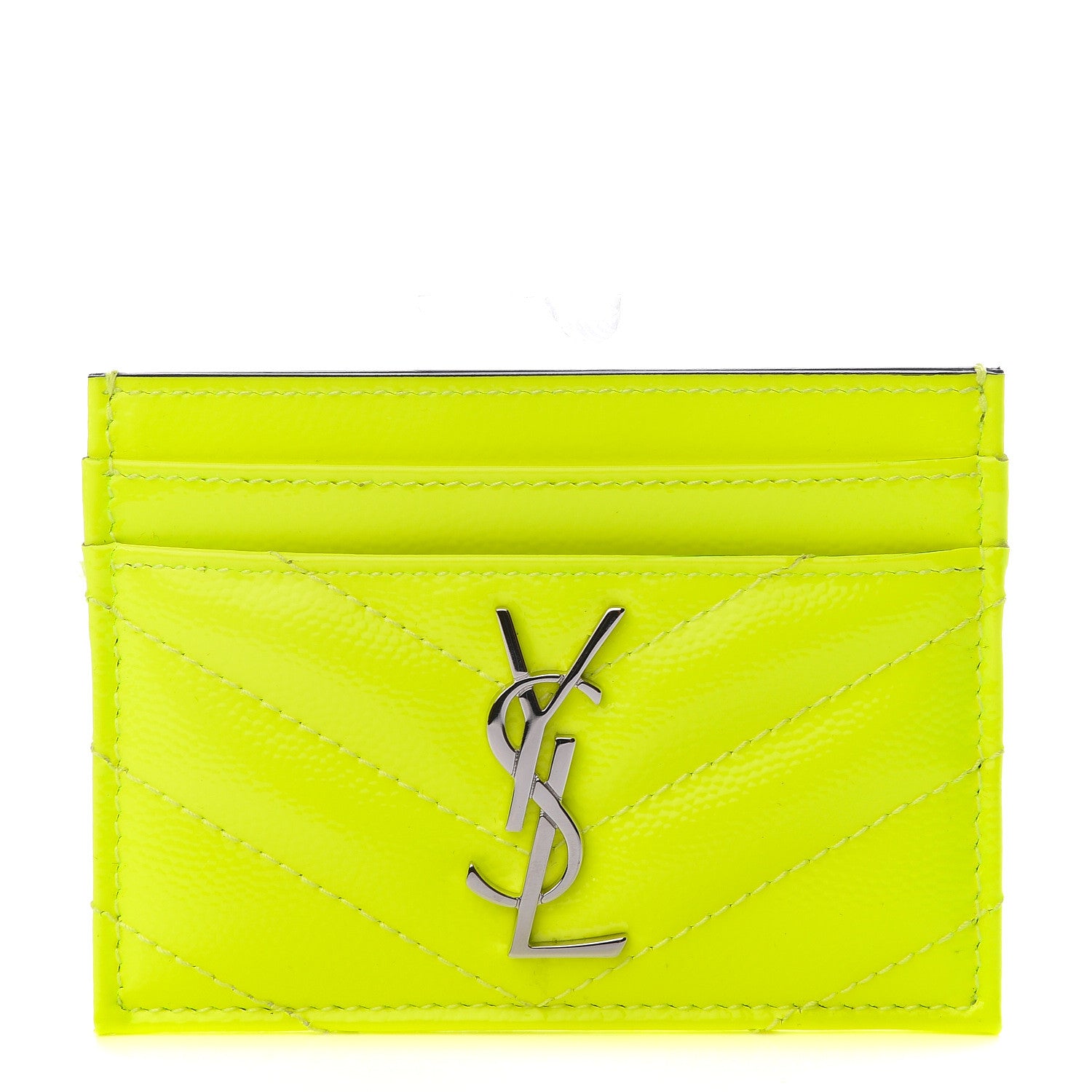 Saint Laurent Patent Grain De Poudre Matelasse Chevron Monogram Credit Card Case Neon Yellow 1 of 9