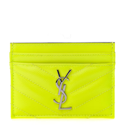 Saint Laurent Patent Grain De Poudre Matelasse Chevron Monogram Credit Card Case Neon Yellow 1 of 9
