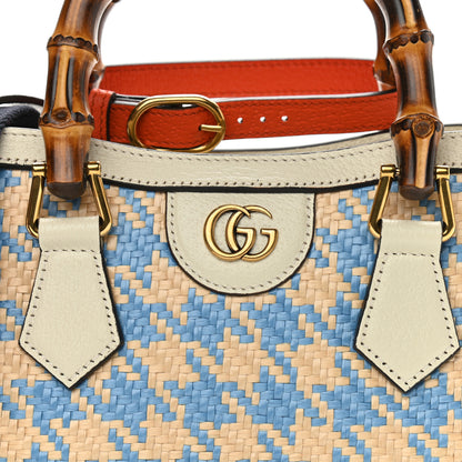 Gucci Raffia Textured Dollar Calfskin Web Houndstooth Mini Diana Tote Bag Light Blue Natural Deep Orange 7 of 7