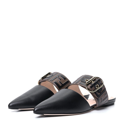 Fendi Vitello FF Embossed Buckle Flat Mules 36 Maya Black 2 of 4