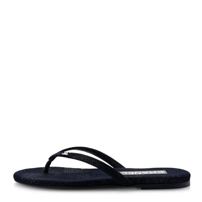 Chanel Cotton SIlk Crystal CC Thong Sandals 36.5 Dark Blue Silver 1 of 10