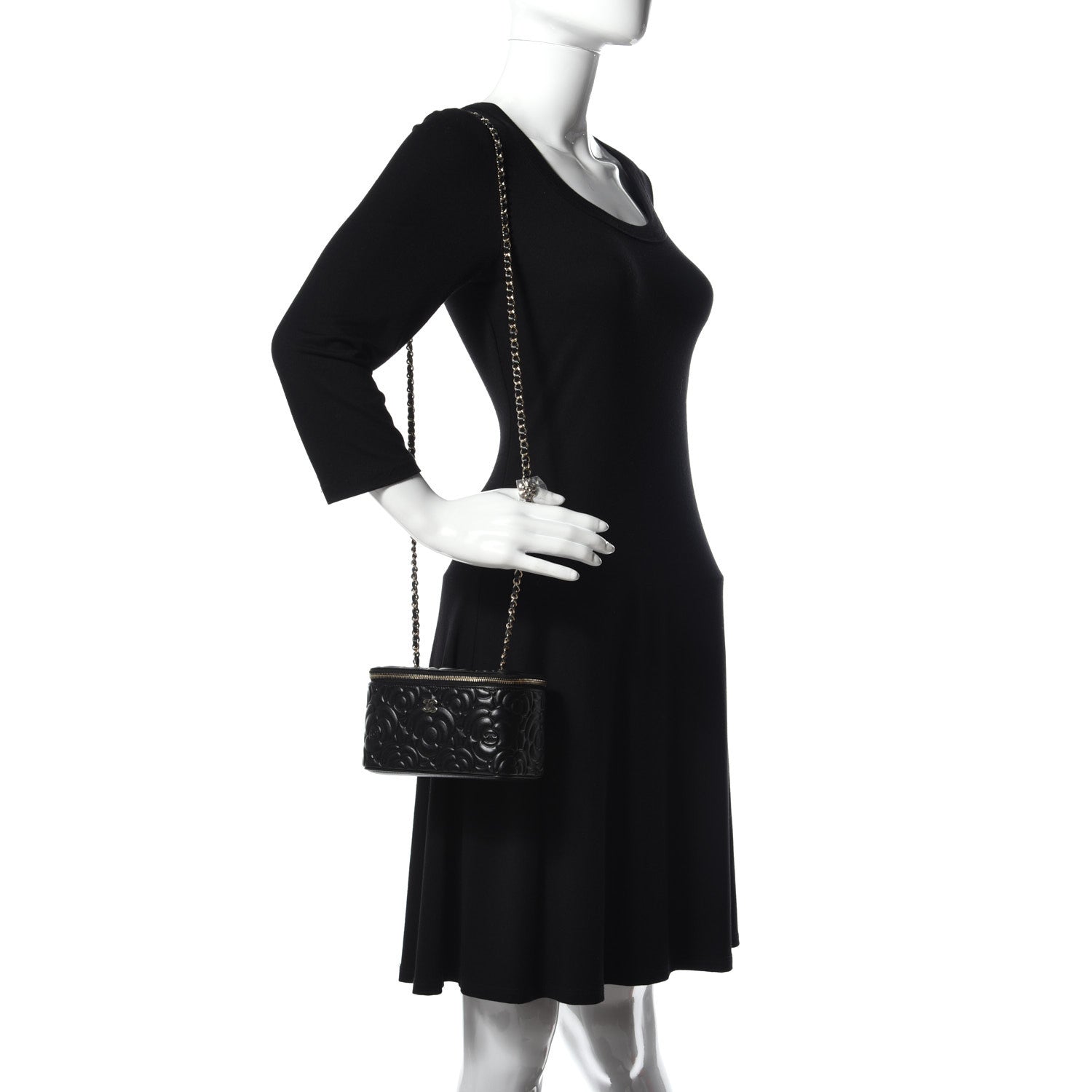 Chanel Lambskin Camellia Embossed Small Vanity Case With Chain Black 2 of 14