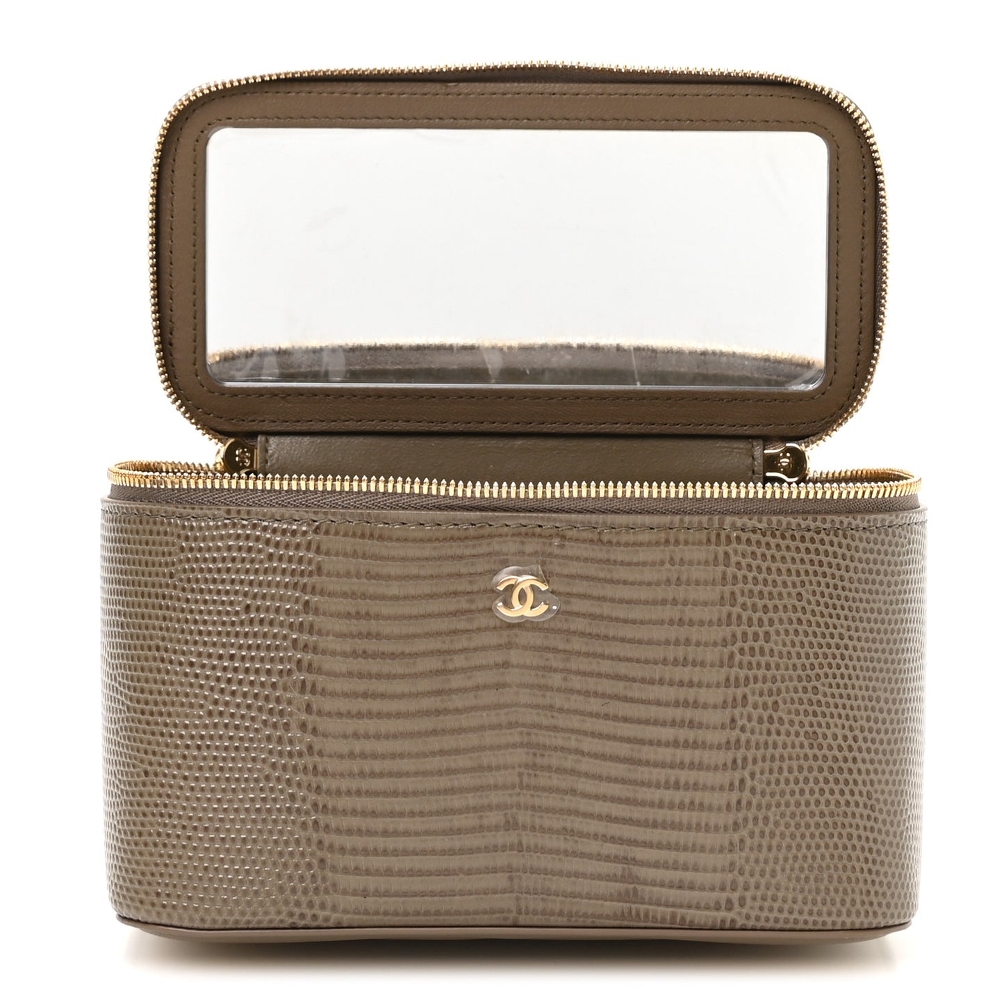 Calfskin Lizard Embossed Top Handle Vanity With Chain Dark Khaki
