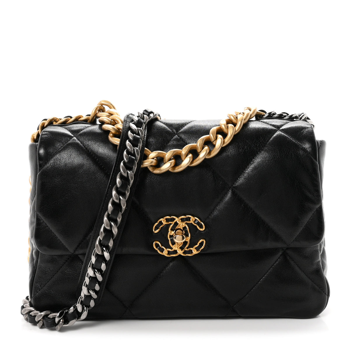 Shiny Goatskin Quilted Large Chanel 19 Flap Black