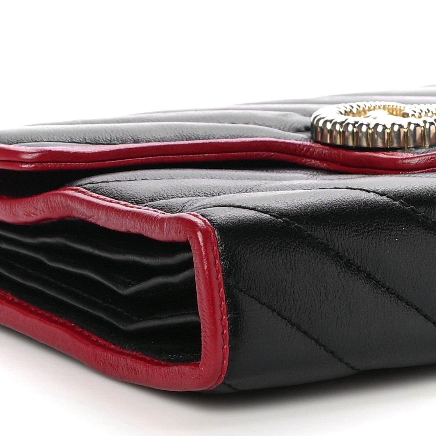 Gucci Vintage Effect Calfskin Matelasse Diagonal Torchon GG Marmont Chain Wallet Black Romantic Cherry 13 of 28