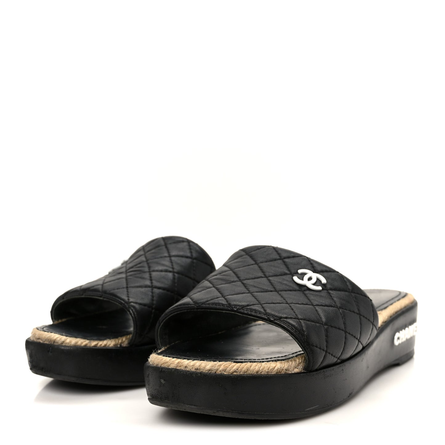 Lambskin Quilted CC Espadrille Slip On Sandals 41 Black
