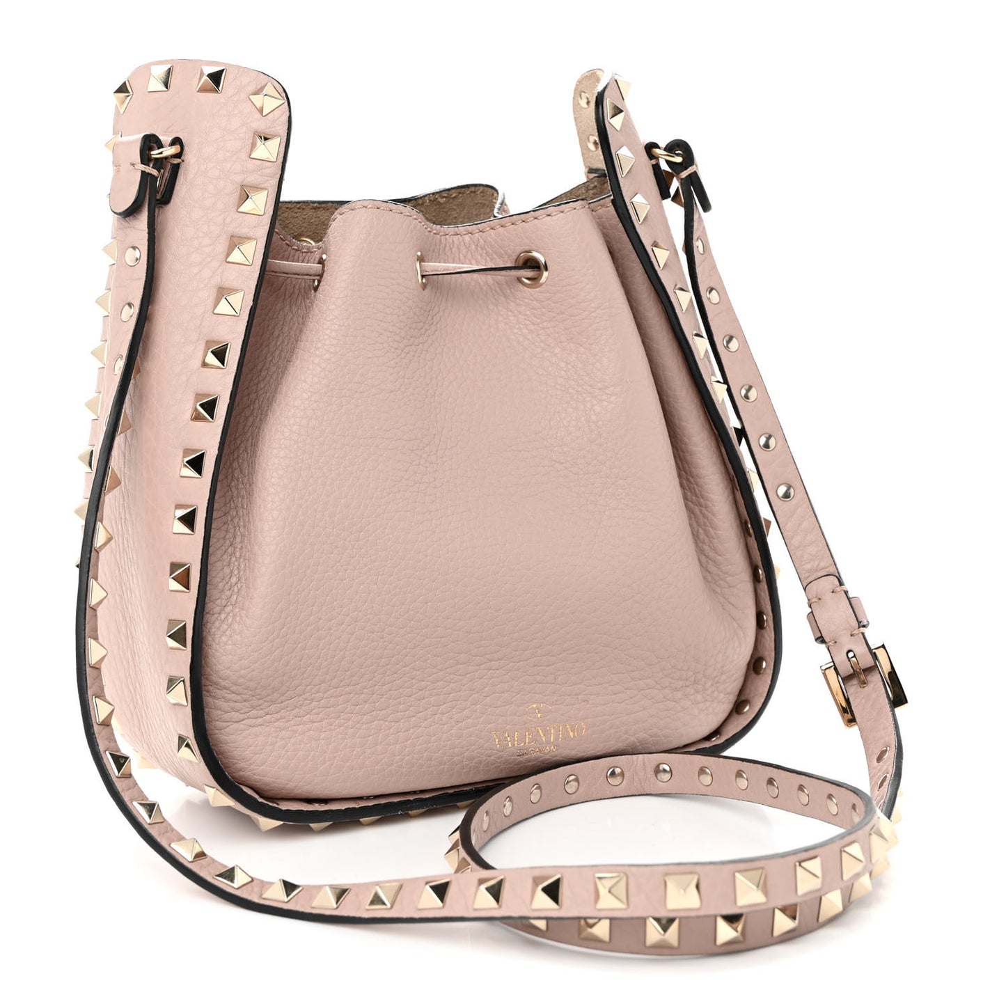 Grained Calfskin Rockstud Bucket Bag Poudre