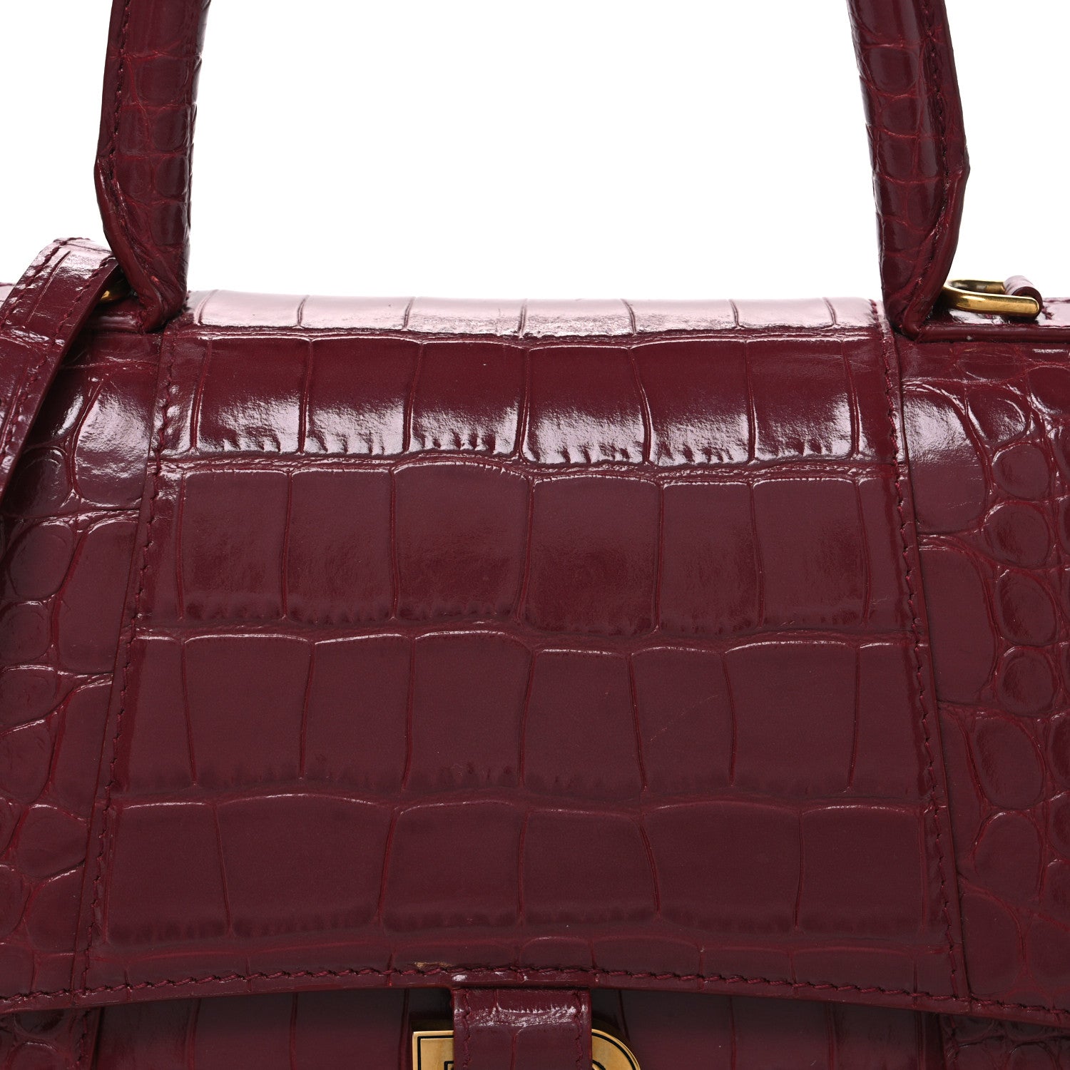 Balenciaga Shiny Calfskin Crocodile Embossed Small Hourglass Top Handle Bag Dark Red 8 of 11