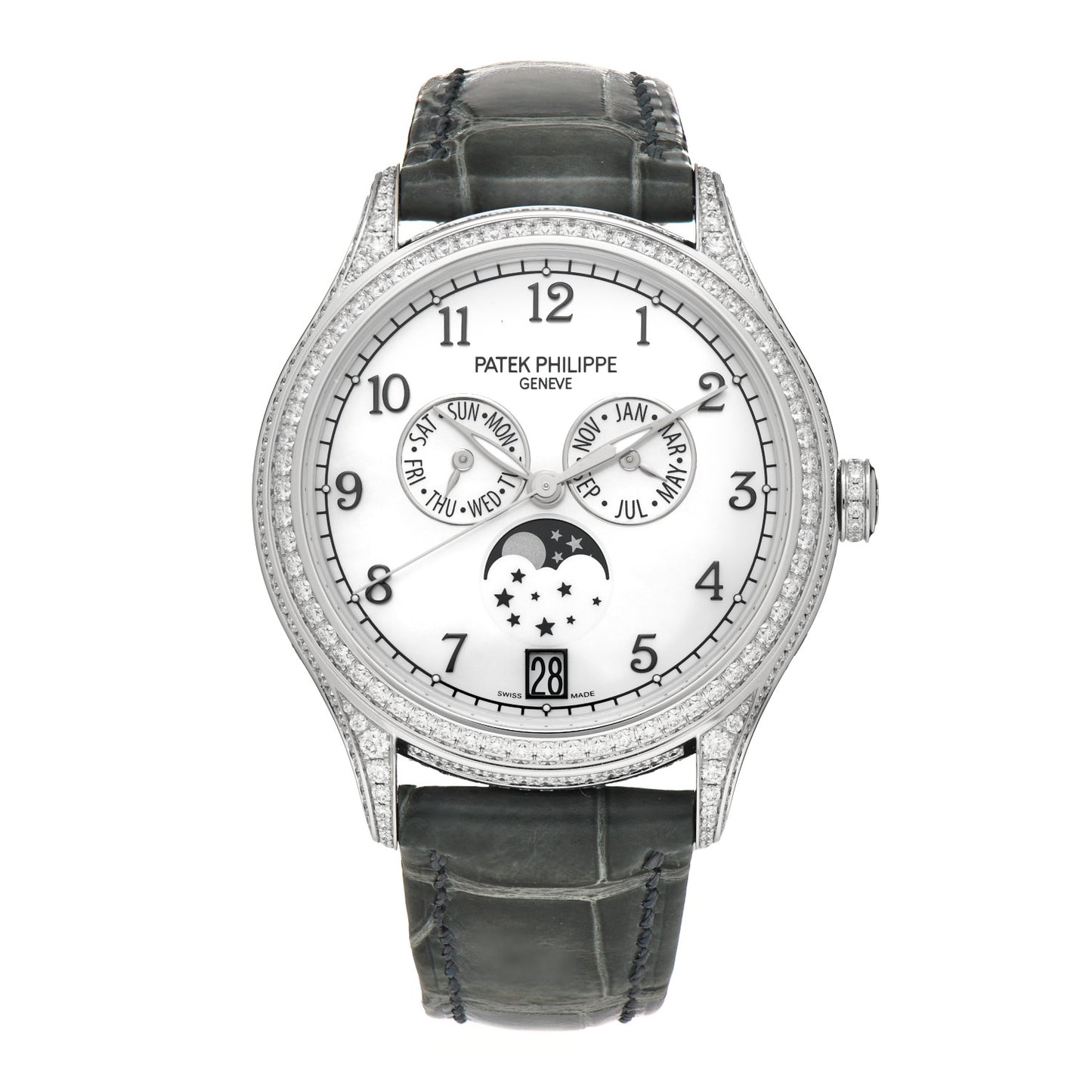 18K White Gold Alligator Diamond Mother of Pearl 38mm Annual Calendar Automatic Watch 4948G-010