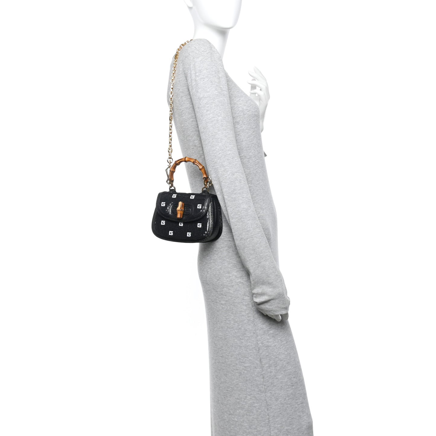 Sequin Lizard Embossed GG Mini Bamboo 1947 Top Handle Chain Bag Black White