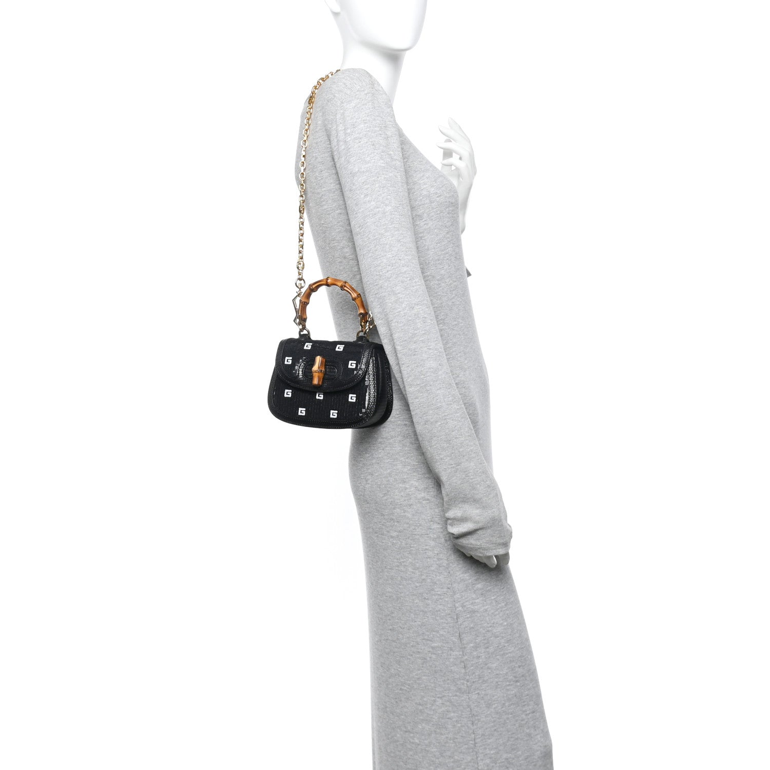Gucci Sequin Lizard Embossed GG Mini Bamboo 1947 Top Handle Chain Bag Black White 2 of 11